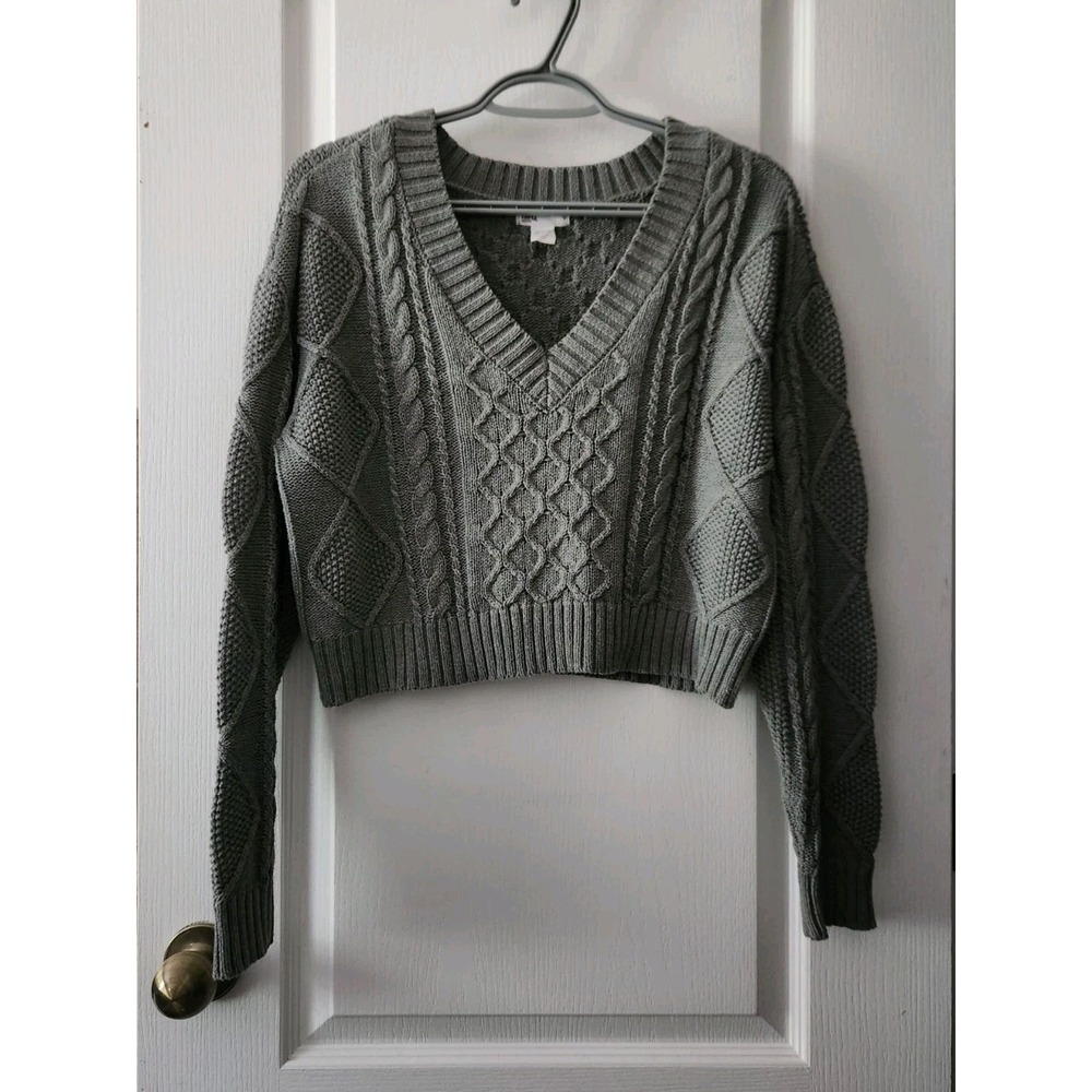 RSQ Women's Chunky knit V-Neck‎  Mid length crop Sweater Gray Cotton Size S